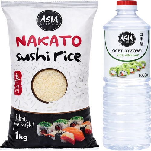 ZESTAW 2 DODATKI DO SUSHI Ryż Nakato 1kg + Ocet Ryżowy 1000ml ASIA KITCHEN
