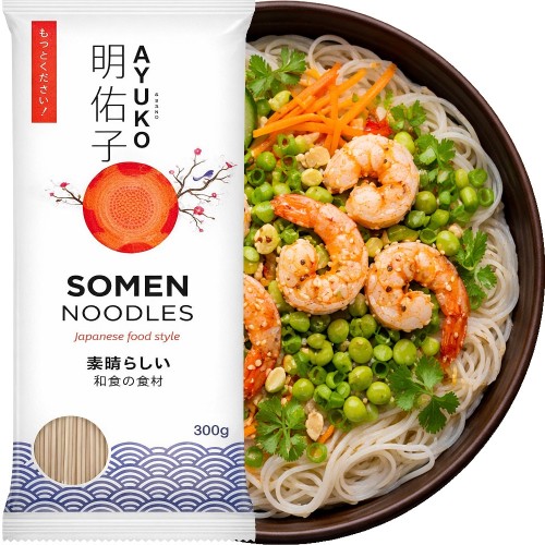 Chiński Makaron SOMEN Pszenny Prosty Skład Nitki Do Zupy i Sałatki 300g AYUKO