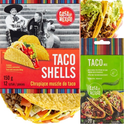 ZESTAW TACO Chrupiące Muszle Kukurydziane 12 Sztuk + Przyprawa TACO 20g CASA DE MEXICO