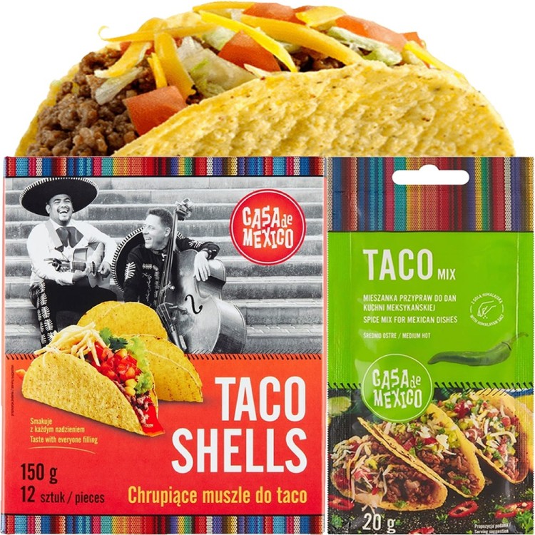 ZESTAW TACO Chrupiące Muszle Kukurydziane 12 Sztuk + Przyprawa TACO 20g CASA DE MEXICO