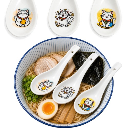 Łyżka Łyżeczka Porcelanowa Do Zupy i Ryżu Różne Wzory Kotek MANEKI NEKO 13,75cm EMRO AZIATICA