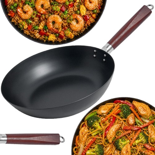 Patelnia Wok Ze Stali Węglowej z Płaskim Dnem 30cm Na Każdą Kuchenkę EMRO AZIATICA