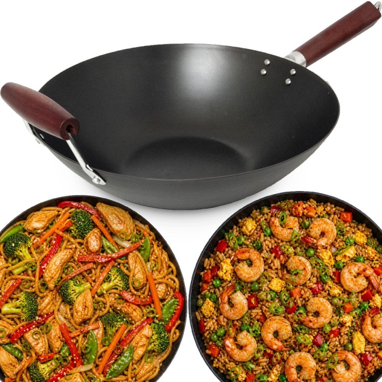 Patelnia Wok Ze Stali Węglowej z Płaskim Dnem 35cm z Uchwytem Na Każdą Kuchenkę EMRO AZIATICA