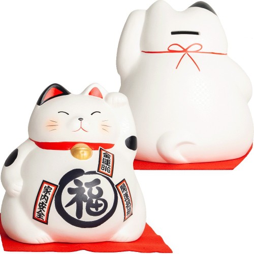 Duża Skarbonka Figurka Japoński Biały Kot Szczęścia Maneki Neko 17cm x 19cm EMRO AZIATICA