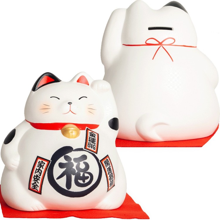 Duża Skarbonka Figurka Japoński Biały Kot Szczęścia Maneki Neko 17cm x 19cm EMRO AZIATICA