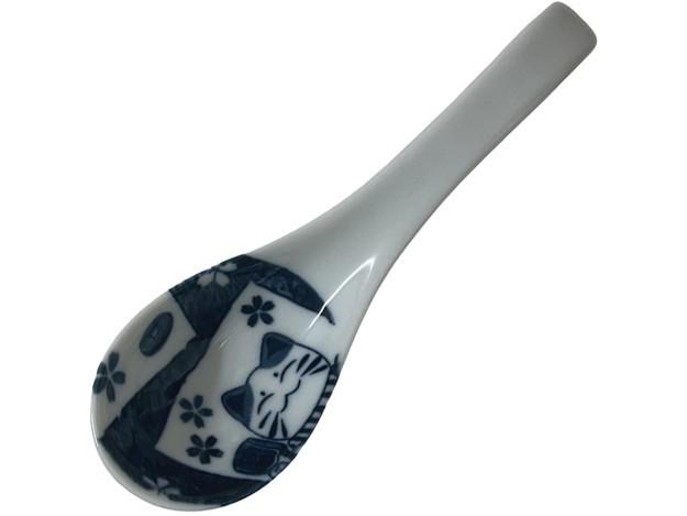 Orientalna Łyżka Łyżeczka Porcelanowa Do Zupy i Ryżu Niebieski Kotek MANEKI NEKO 14,5cm GOLDEN TURTLE