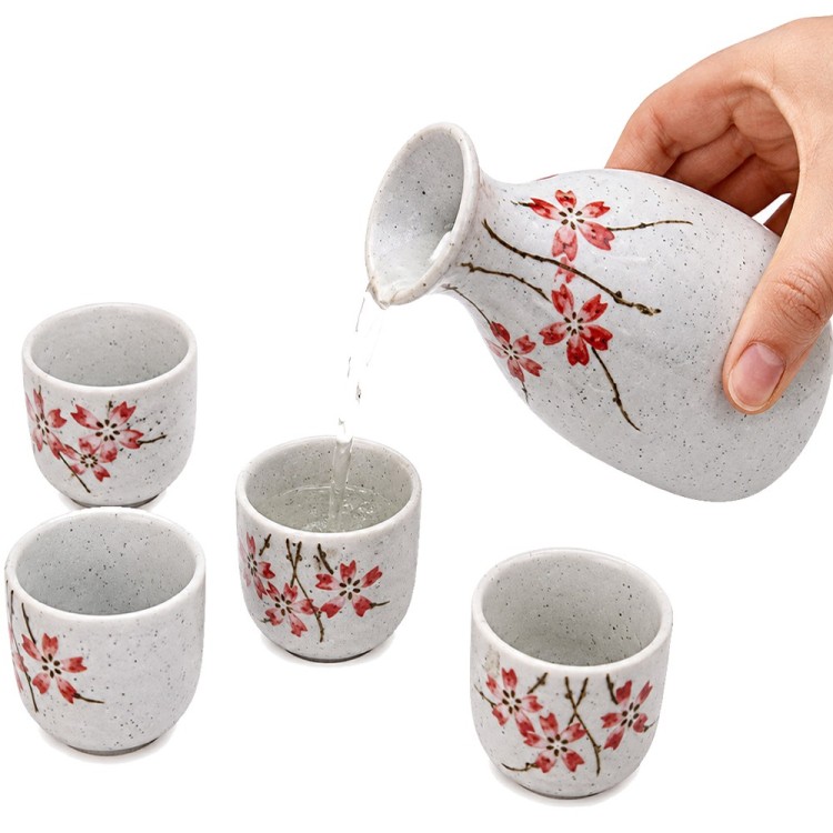 Jasny Ceramiczny Zestaw Komplet Do Podawania Sake SAKURA 5 Elementów GOLDEN TURTLE