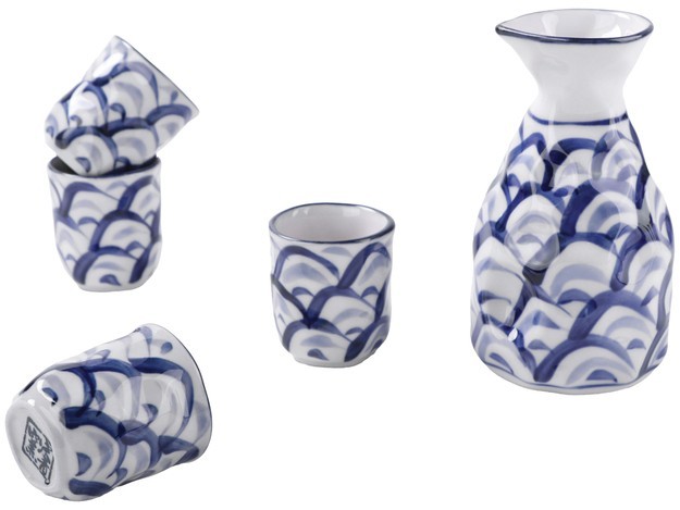 Ceramiczny Zestaw Komplet Do Podawania Sake Niebieskie Fale 5 Elementów GOLDEN TURTLE