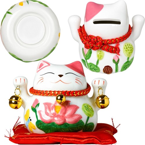 Porcelanowa Otwierana Skarbonka Figurka Japoński Kot Szczęścia Maneki Neko z Dzwoneczkami 10cm JADE TEMPLE