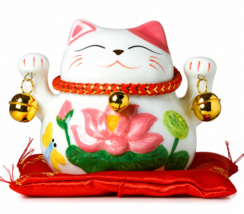Porcelanowa Otwierana Skarbonka Figurka Japoński Kot Szczęścia Maneki Neko z Dzwoneczkami 10cm JADE TEMPLE