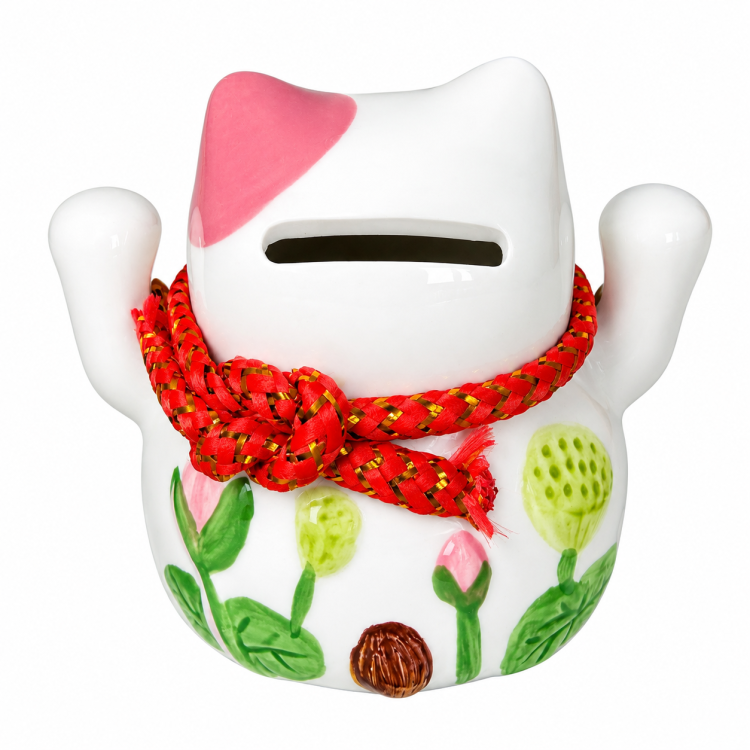 Porcelanowa Otwierana Skarbonka Figurka Japoński Kot Szczęścia Maneki Neko z Dzwoneczkami 10cm JADE TEMPLE