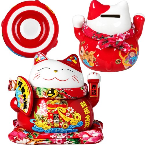 Porcelanowa Otwierana Skarbonka Duża Figurka Japoński Kot Szczęścia Maneki Neko z Wachlarzem 14cm JADE TEMPLE