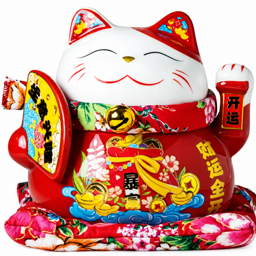 Porcelanowa Otwierana Skarbonka Duża Figurka Japoński Kot Szczęścia Maneki Neko z Wachlarzem 14cm JADE TEMPLE