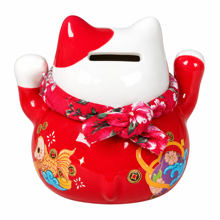 Porcelanowa Otwierana Skarbonka Duża Figurka Japoński Kot Szczęścia Maneki Neko z Wachlarzem 14cm JADE TEMPLE