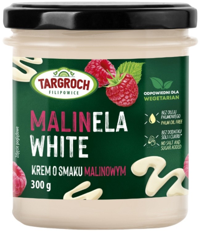 Pasta Krem MALINELA WHITE Smarowidło Masło o Smaku Malinowym Bez Cukru 300g TARGROCH