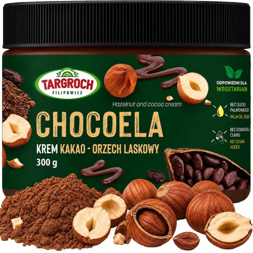 Pasta Krem CHOCOELA Smarowidło Masło z Orzechów Laskowych i Kakao Bez Cukru 300g TARGROCH