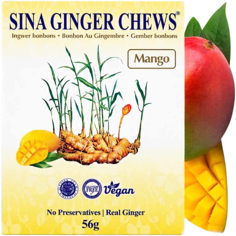 Cukierki Imbirowe Słodkie Intensywne Rozgrzewające Na Gardło Smak Mango 56g SINA