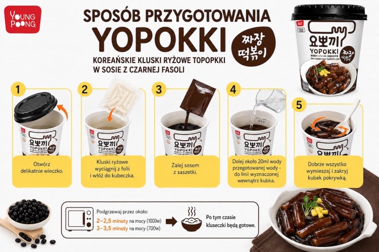 Koreańskie Kluski Ryżowe Topokki w Sosie z Czarnej Fasoli YOPOKKI 120g YOUNG POONG