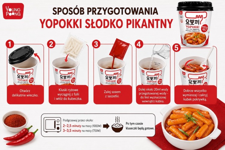 Koreańskie Kluski Ryżowe Topokki w Słodko Pikantnym Sosie YOPOKKI 140g YOUNG POONG