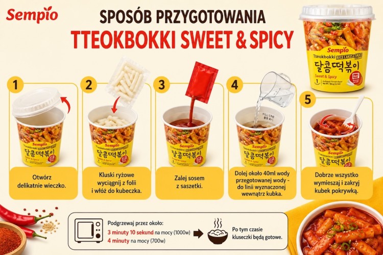 Koreańskie Kluski Ryżowe Topokki Tteokbokki w Słodko Pikantnym Sosie 160g SEMPIO