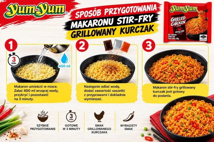 Tajski Błyskawiczny Makaron Instant Stir-Fry Grillowany Kurczak 60g YUM YUM