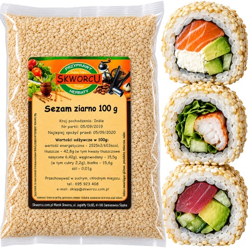 Sezam Biały Do Sushi i Sałatek Ziarna Prażonego Sezamu Orzechowy Smak 100g SKWORCU