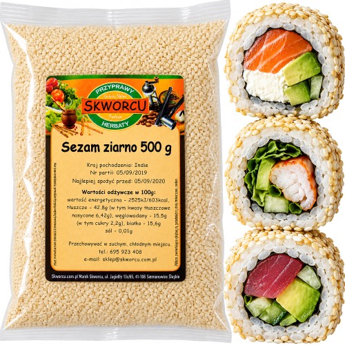 Sezam Biały Do Sushi i Sałatek Ziarna Prażonego Sezamu Orzechowy Smak 500g SKWORCU