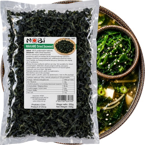 Wodorosty Glony Algi Morskie WAKAME Cięte Nitki Do Zupy MISO i Sałatek 500g NOBI